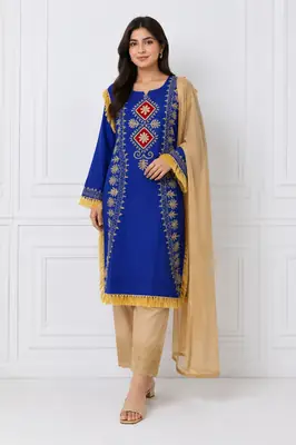 3 Pcs Women's Stitched Linen Hand Embroidered Suit
