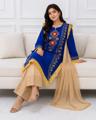 3 Pcs Women's Stitched Linen Hand Embroidered Suit thumbnail 2