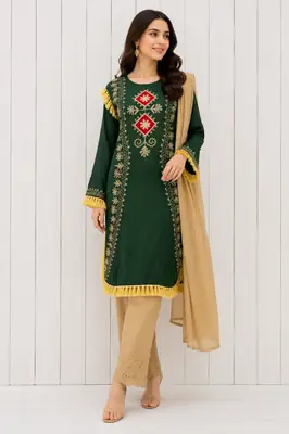 3 Pcs Women's Stitched Linen Hand Embroidered Suit