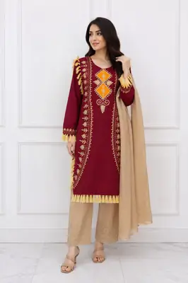 3 Pcs Women's Stitched Linen Hand Embroidered Suit