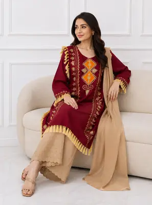 3 Pcs Women's Stitched Linen Hand Embroidered Suit thumbnail 2