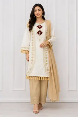 3 Pcs Women's Stitched Linen Hand Embroidered Suit