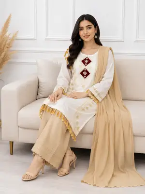 3 Pcs Women's Stitched Linen Hand Embroidered Suit thumbnail 2