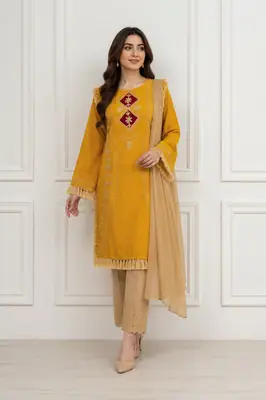 3 Pcs Women's Stitched Linen Hand Embroidered Suit