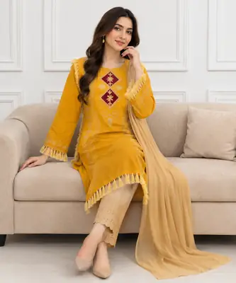 3 Pcs Women's Stitched Linen Hand Embroidered Suit thumbnail 2