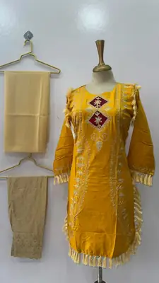 3 Pcs Women's Stitched Linen Hand Embroidered Suit thumbnail 3