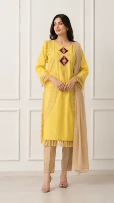 3 Pcs Women's Stitched Linen Hand Embroidered Suit