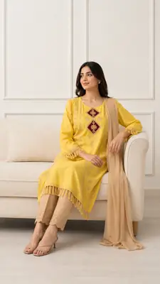 3 Pcs Women's Stitched Linen Hand Embroidered Suit thumbnail 2
