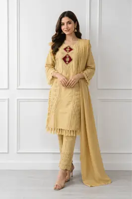 3 Pcs Women's Stitched Linen Hand Embroidered Suit