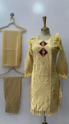 3 Pcs Women's Stitched Linen Hand Embroidered Suit thumbnail 3