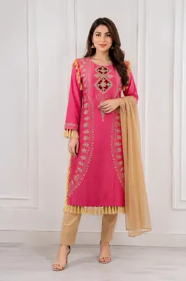 3 Pcs Women's Stitched Linen Hand Embroidered Suit
