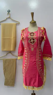 3 Pcs Women's Stitched Linen Hand Embroidered Suit thumbnail 3