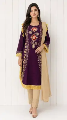 3 Pcs Women's Stitched Linen Hand Embroidered Suit