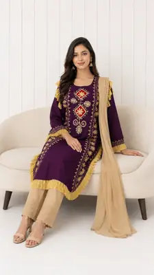 3 Pcs Women's Stitched Linen Hand Embroidered Suit thumbnail 2