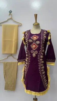 3 Pcs Women's Stitched Linen Hand Embroidered Suit thumbnail 3