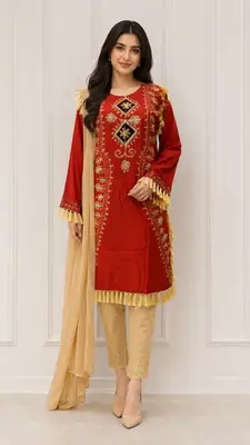 3 Pcs Women's Stitched Linen Hand Embroidered Suit