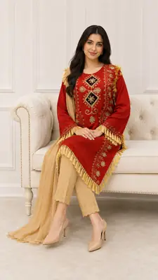 3 Pcs Women's Stitched Linen Hand Embroidered Suit thumbnail 2