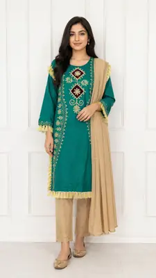 3 Pcs Women's Stitched Linen Hand Embroidered Suit