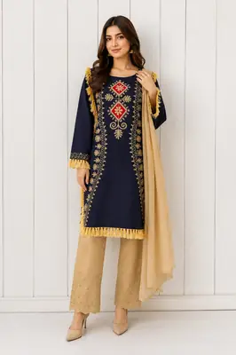 3 Pcs Women's Stitched Linen Hand Embroidered Suit