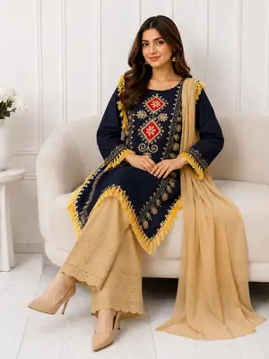 3 Pcs Women's Stitched Linen Hand Embroidered Suit thumbnail 2