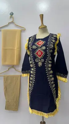 3 Pcs Women's Stitched Linen Hand Embroidered Suit thumbnail 3