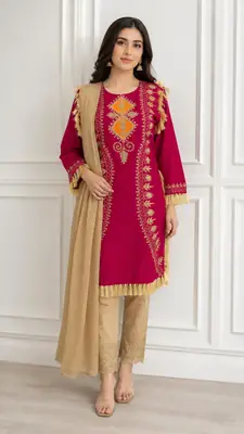 3 Pcs Women's Stitched Linen Hand Embroidered Suit