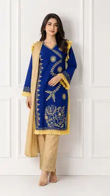 3 Pcs Women's Stitched Linen Hand Embroidered Suit