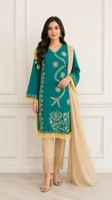 3 Pcs Women's Stitched Linen Hand Embroidered Suit