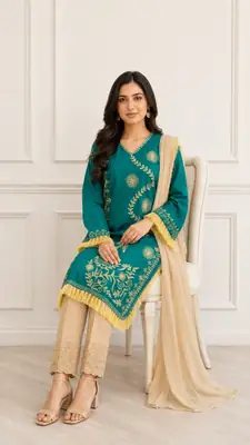 3 Pcs Women's Stitched Linen Hand Embroidered Suit thumbnail 2
