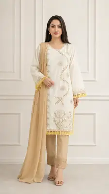 3 Pcs Women's Stitched Linen Hand Embroidered Suit