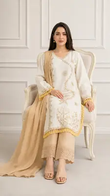 3 Pcs Women's Stitched Linen Hand Embroidered Suit thumbnail 2