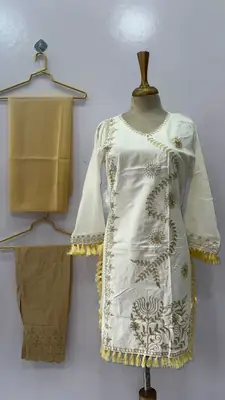 3 Pcs Women's Stitched Linen Hand Embroidered Suit thumbnail 3