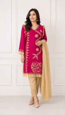 3 Pcs Women's Stitched Linen Hand Embroidered Suit