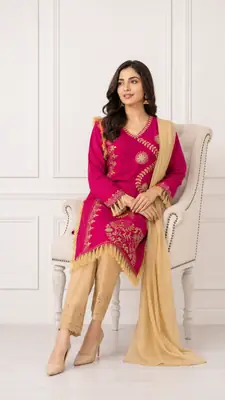 3 Pcs Women's Stitched Linen Hand Embroidered Suit thumbnail 2