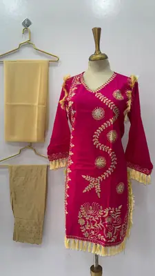 3 Pcs Women's Stitched Linen Hand Embroidered Suit thumbnail 3