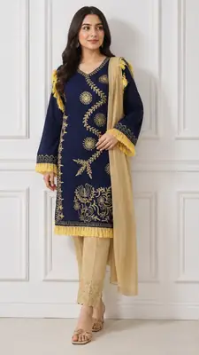 3 Pcs Women's Stitched Linen Hand Embroidered Suit