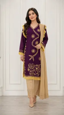 3 Pcs Women's Stitched Linen Hand Embroidered Suit