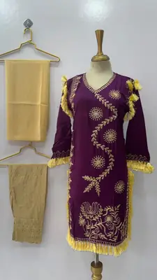 3 Pcs Women's Stitched Linen Hand Embroidered Suit thumbnail 3