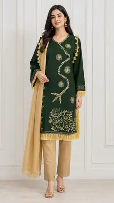 3 Pcs Women's Stitched Linen Hand Embroidered Suit