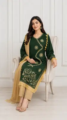 3 Pcs Women's Stitched Linen Hand Embroidered Suit thumbnail 2