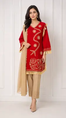 3 Pcs Women's Stitched Linen Hand Embroidered Suit