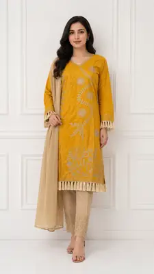 3 Pcs Women's Stitched Linen Hand Embroidered Suit