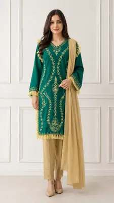 3 Pcs Women's Stitched Linen Hand Embroidered Suit