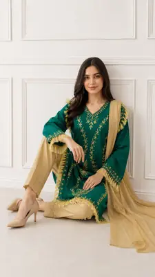 3 Pcs Women's Stitched Linen Hand Embroidered Suit thumbnail 2