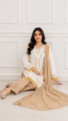 3 Pcs Women's Stitched Linen Hand Embroidered Suit thumbnail 2