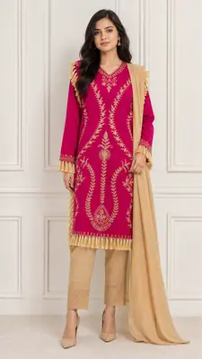 3 Pcs Women's Stitched Linen Hand Embroidered Suit