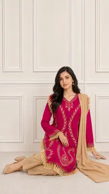 3 Pcs Women's Stitched Linen Hand Embroidered Suit thumbnail 2