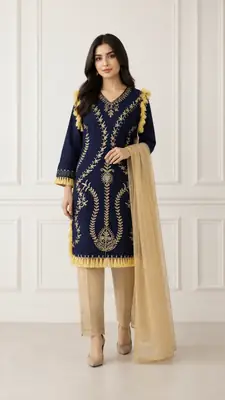 3 Pcs Women's Stitched Linen Hand Embroidered Suit