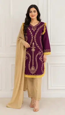 3 Pcs Women's Stitched Linen Hand Embroidered Suit