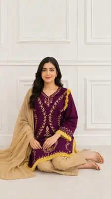 3 Pcs Women's Stitched Linen Hand Embroidered Suit thumbnail 2